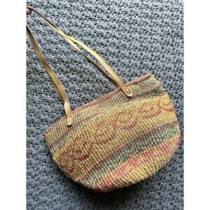 Vintage Woven Wicker Rattan Straw Handbag Tote Purse Bag Leather Straps